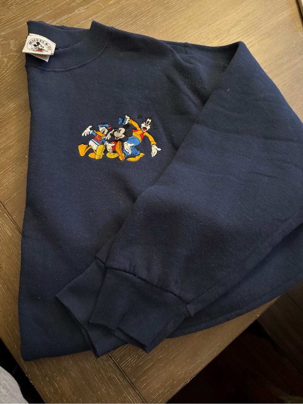 Disney Navy Crewneck with Embroidered Mickey, Donald & Goofy